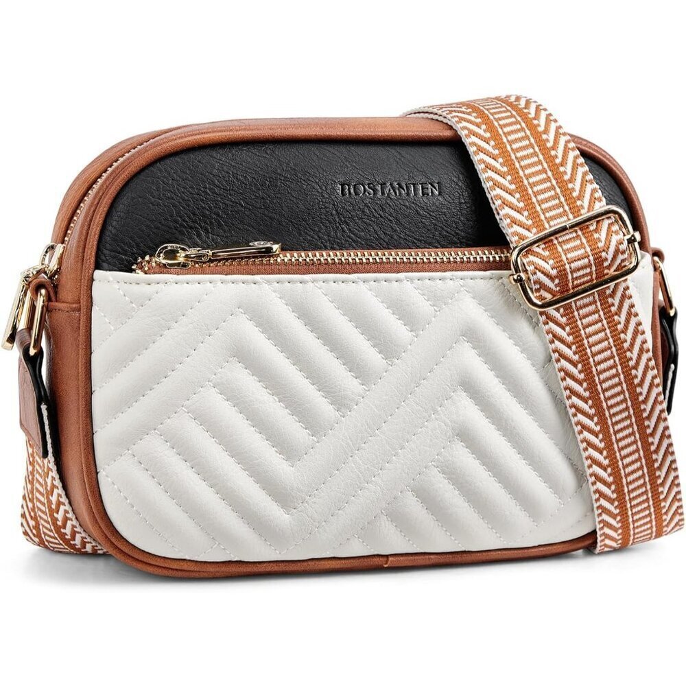 Women Beige＆Black Vegan Leather Quilted Purses Small Shoulder Bag Ladies Handbag
